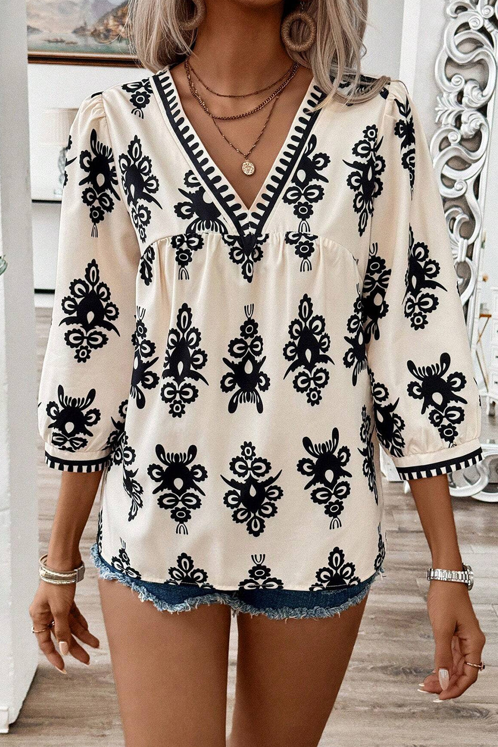 Puff Sleeve V Neck Blouse