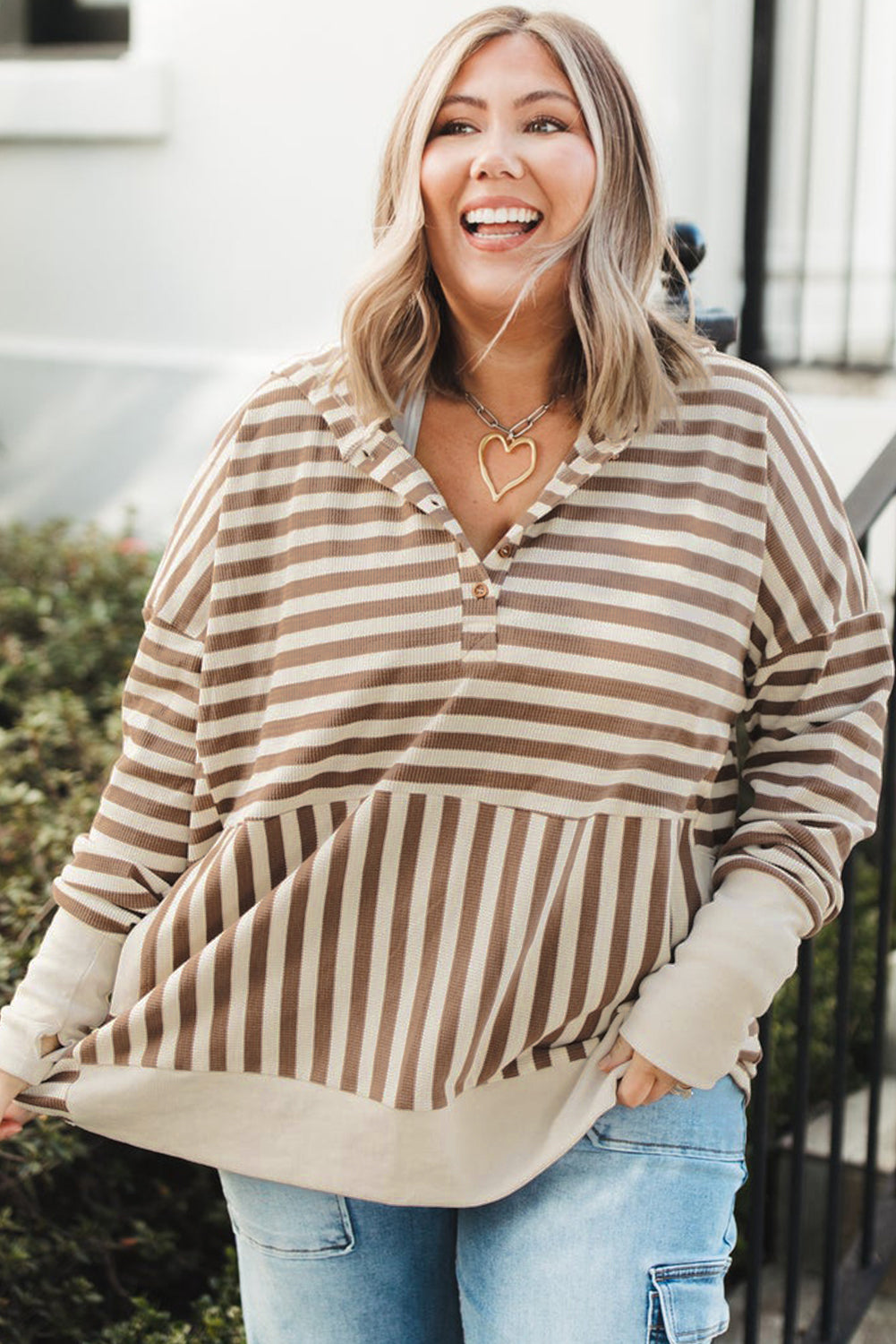 Striped Drop Sleeve Henley Hoodie