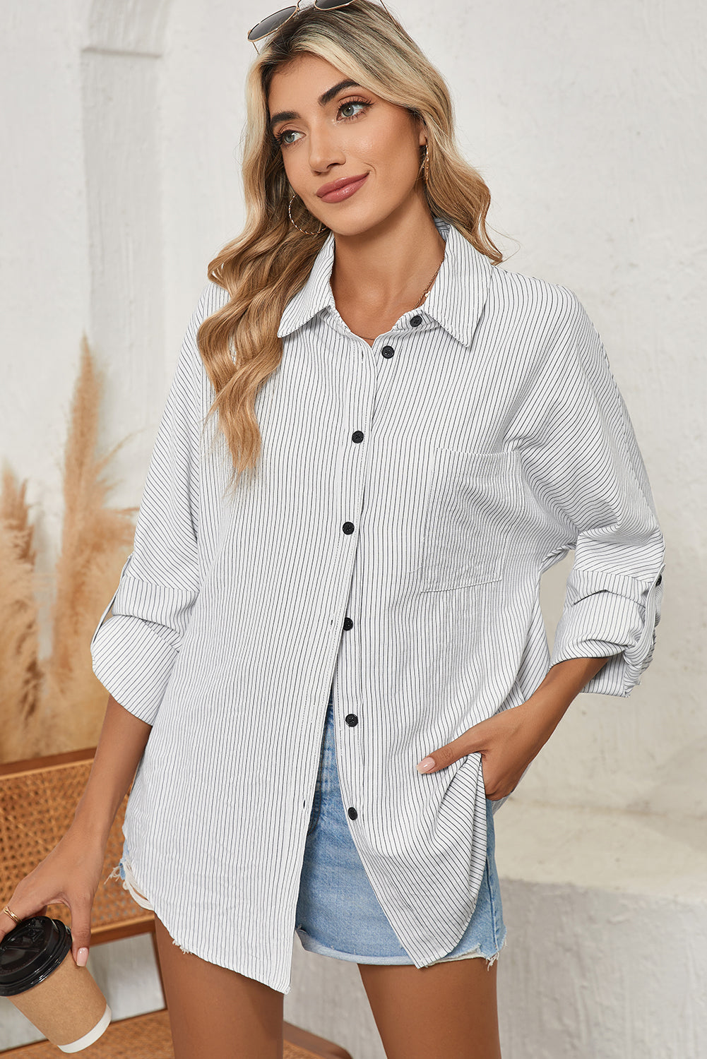 Stripe Roll Tab Sleeve Pocketed Tunic Shirt