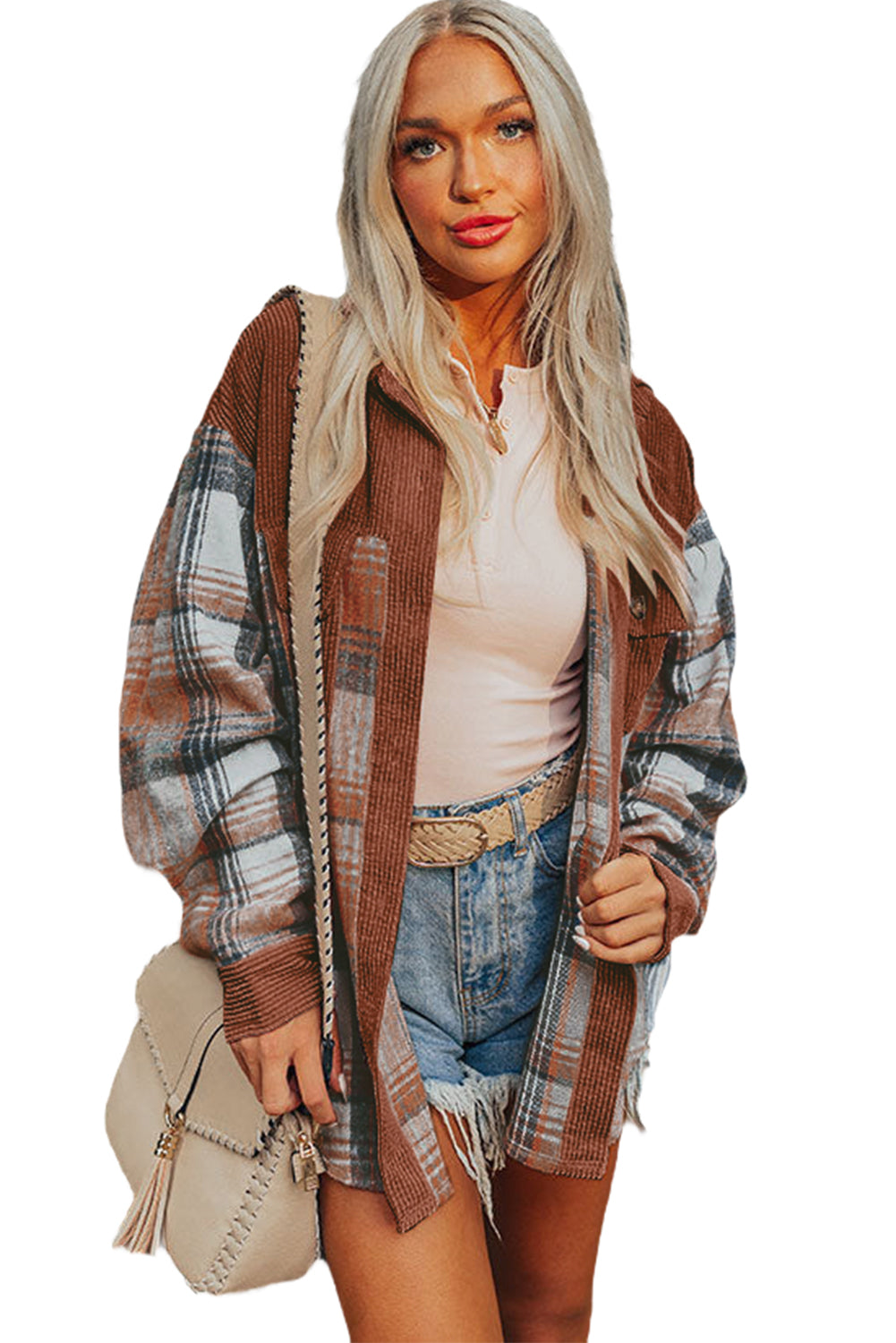 Plaid Corduroy Patchwork Shacket