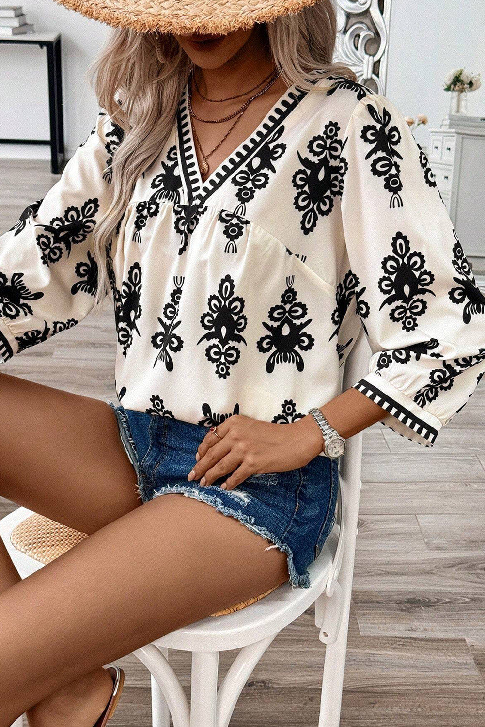 Puff Sleeve V Neck Blouse