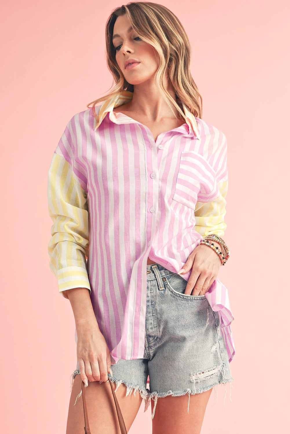 Stripe Contrast Collar Long Sleeve Shirt