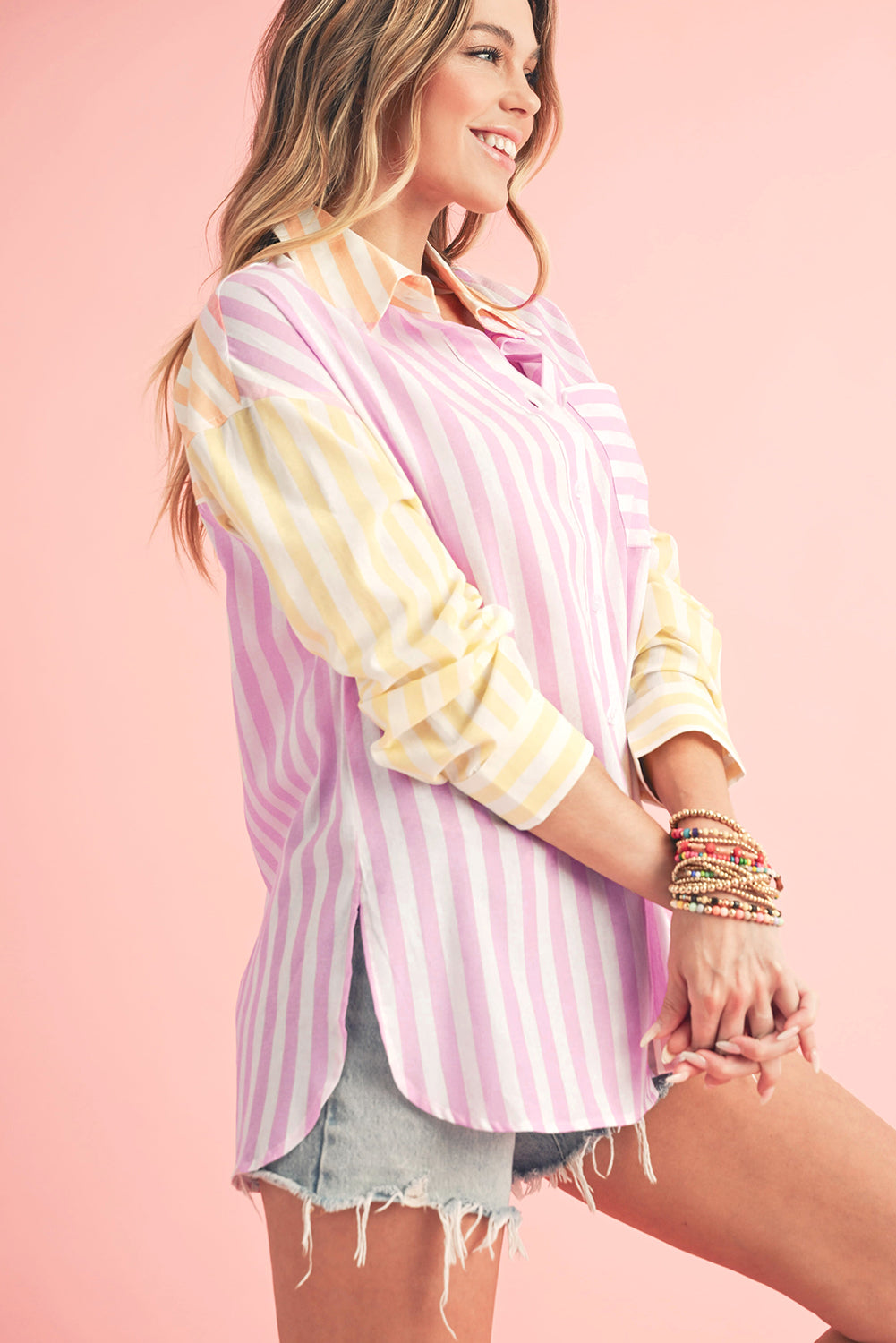 Stripe Contrast Collar Long Sleeve Shirt