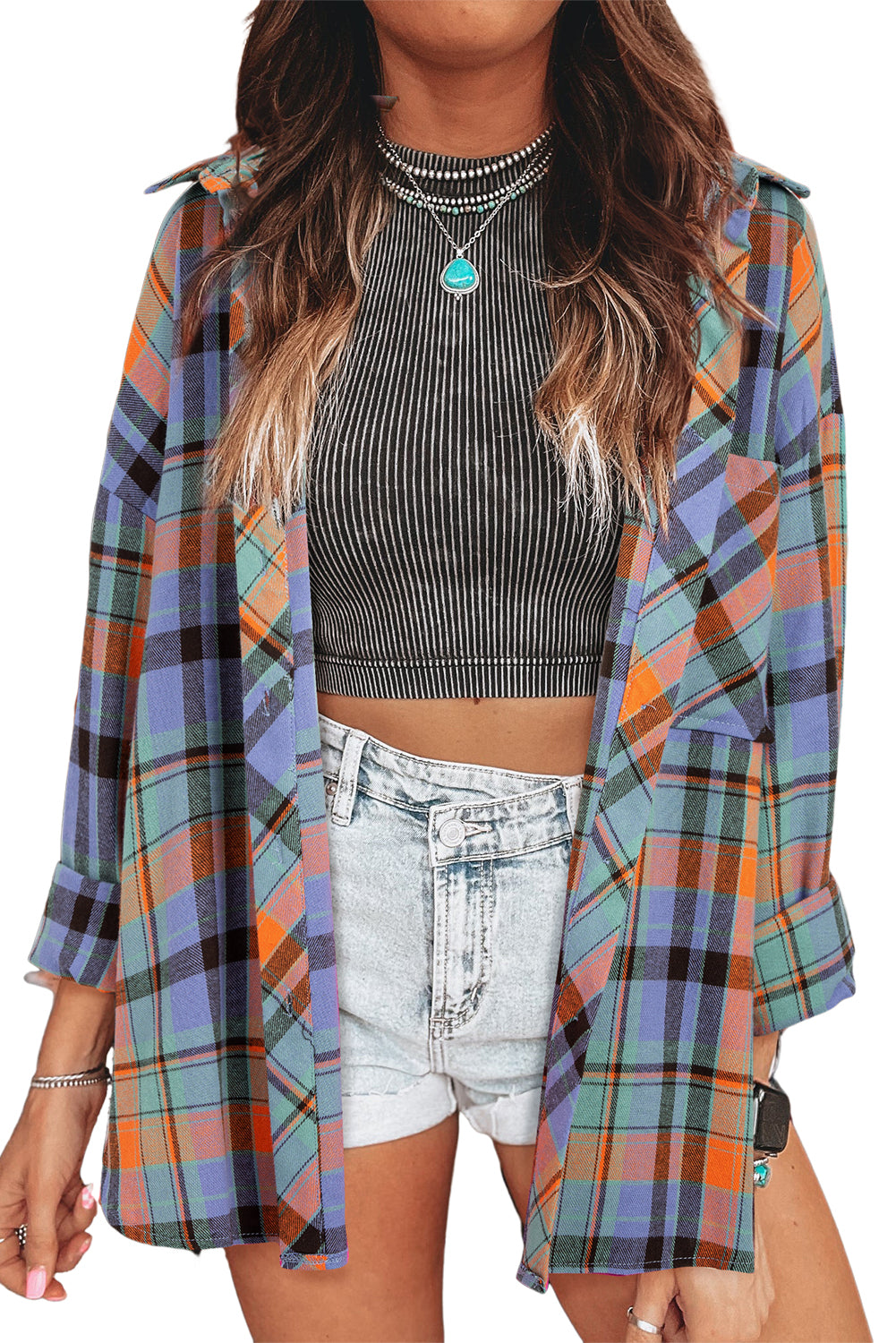 Plaid Print Drop Sleeve Loose Shirt