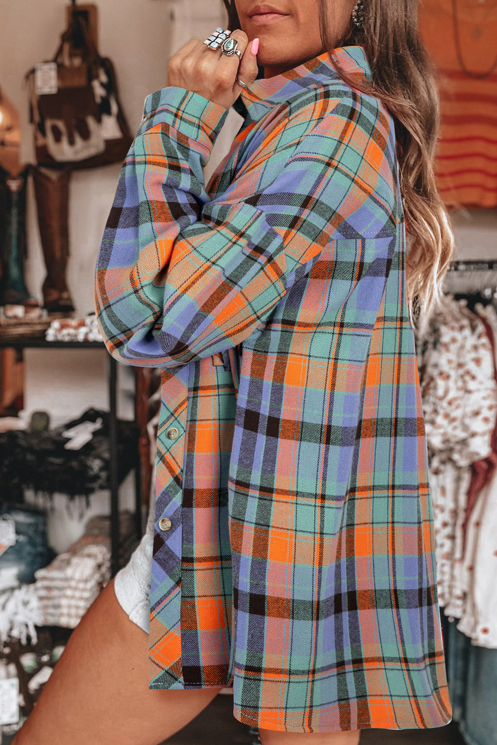 Plaid Print Drop Sleeve Loose Shirt