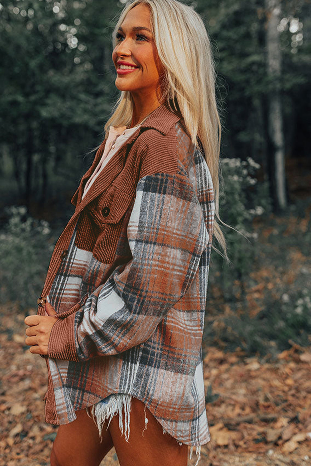 Plaid Corduroy Patchwork Shacket