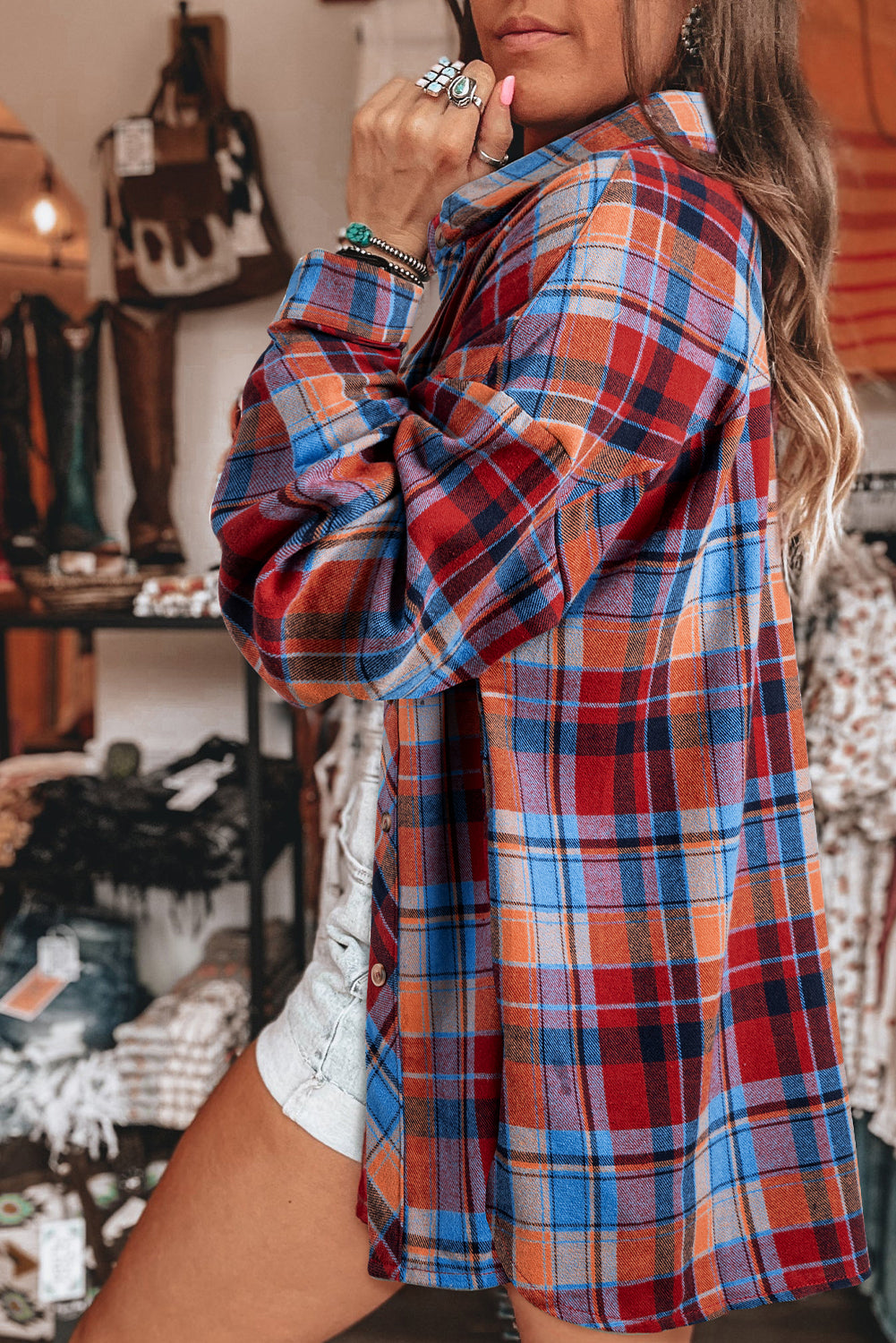 Plaid Print Drop Sleeve Loose Shirt