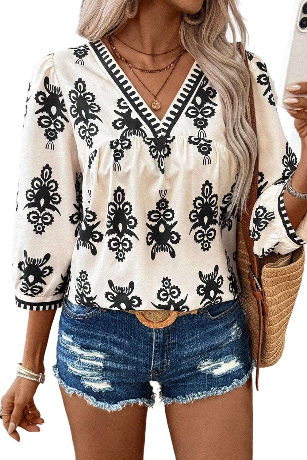 Puff Sleeve V Neck Blouse