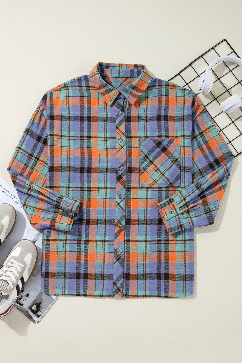 Plaid Print Drop Sleeve Loose Shirt