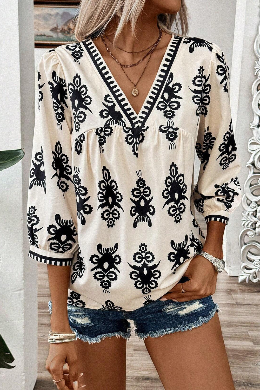 Puff Sleeve V Neck Blouse