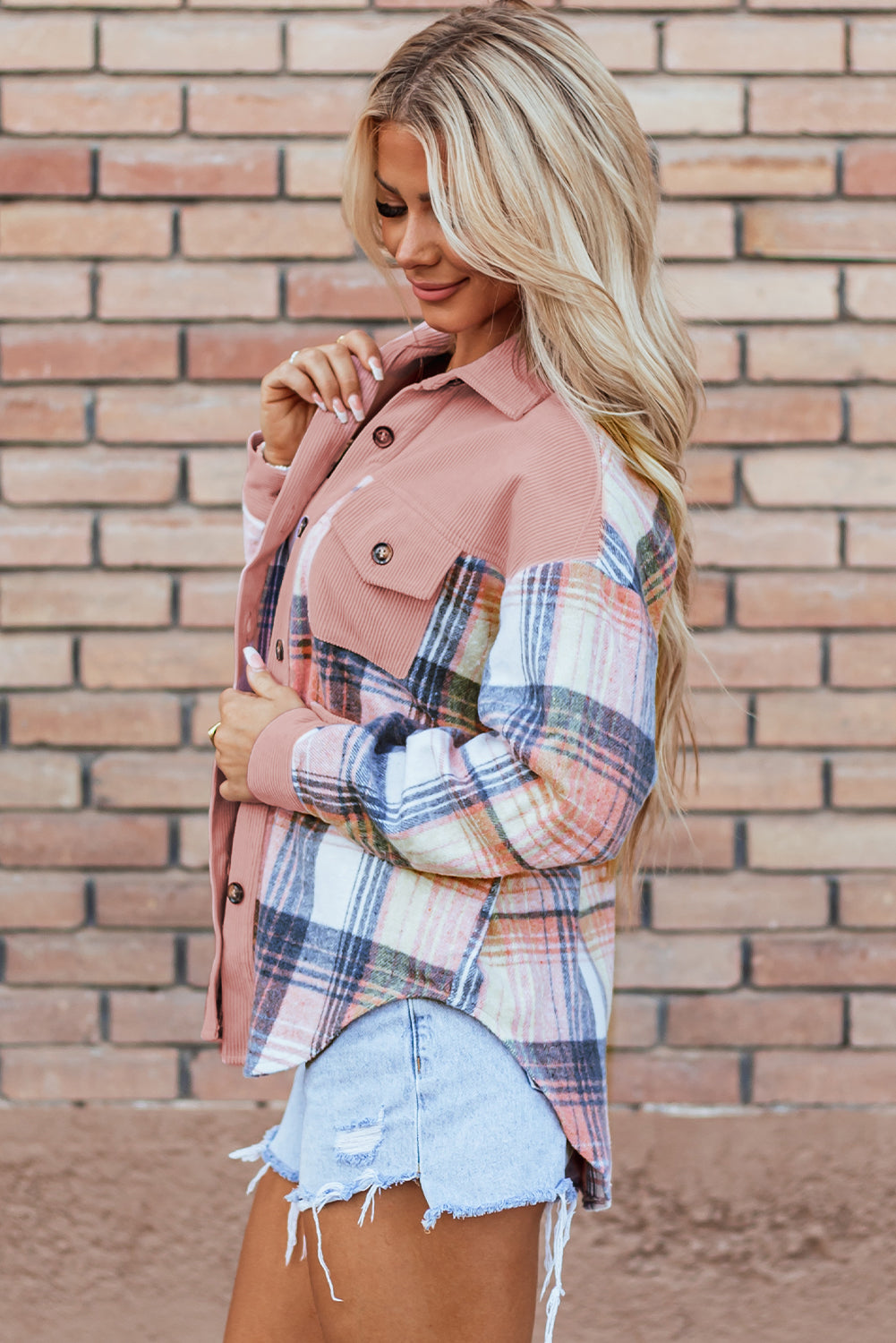 Plaid Corduroy Patchwork Shacket