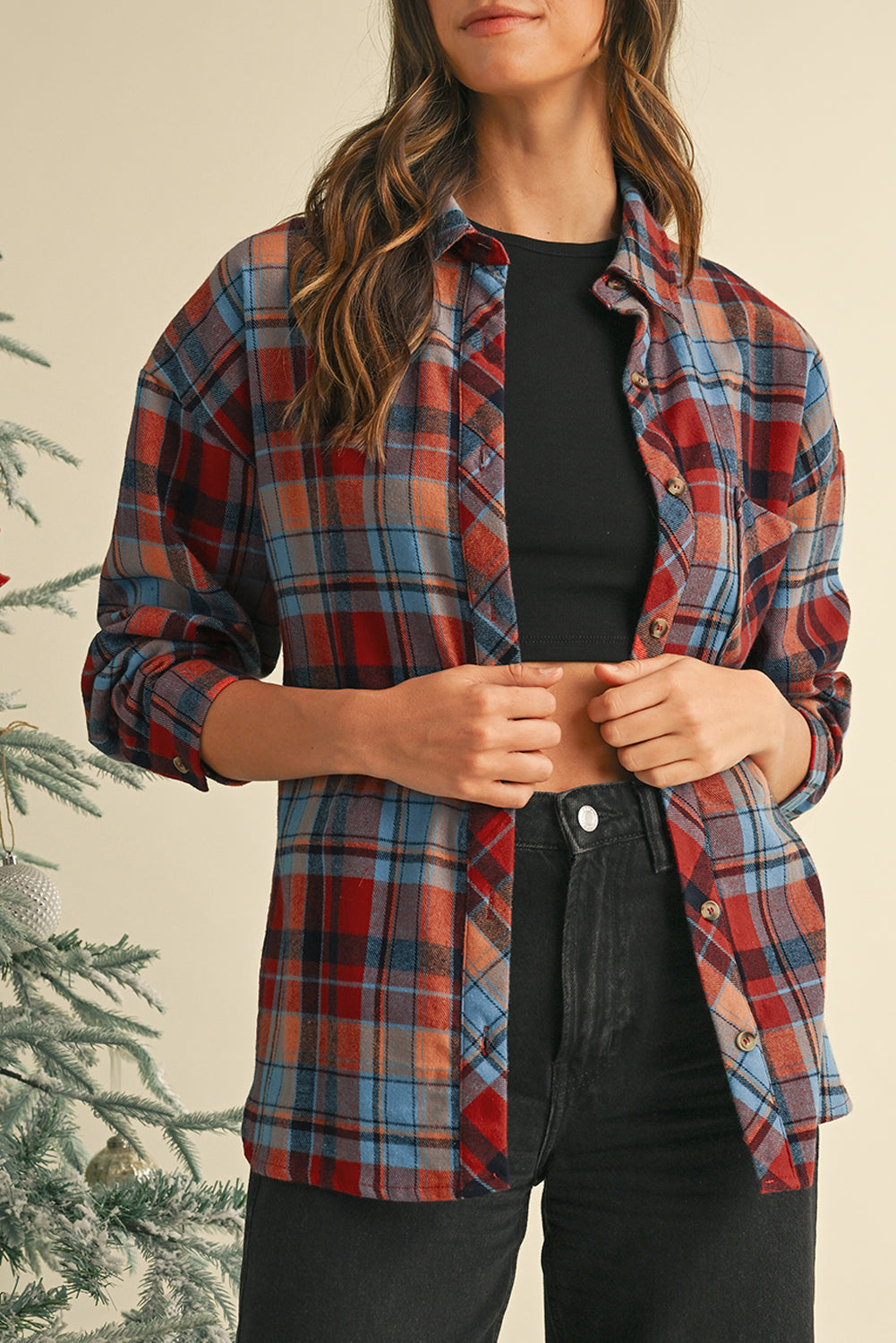 Plaid Print Drop Sleeve Loose Shirt