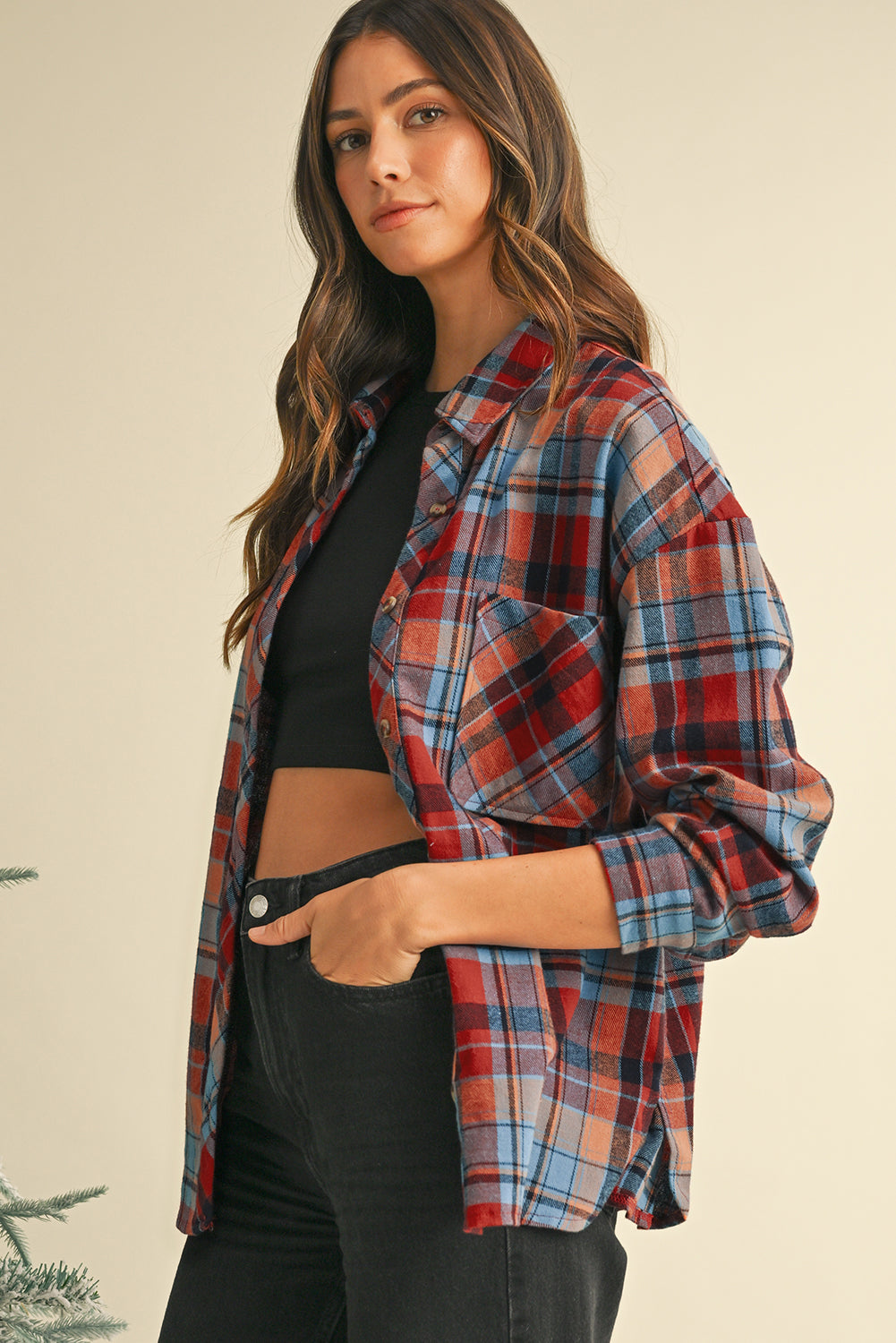 Plaid Print Drop Sleeve Loose Shirt