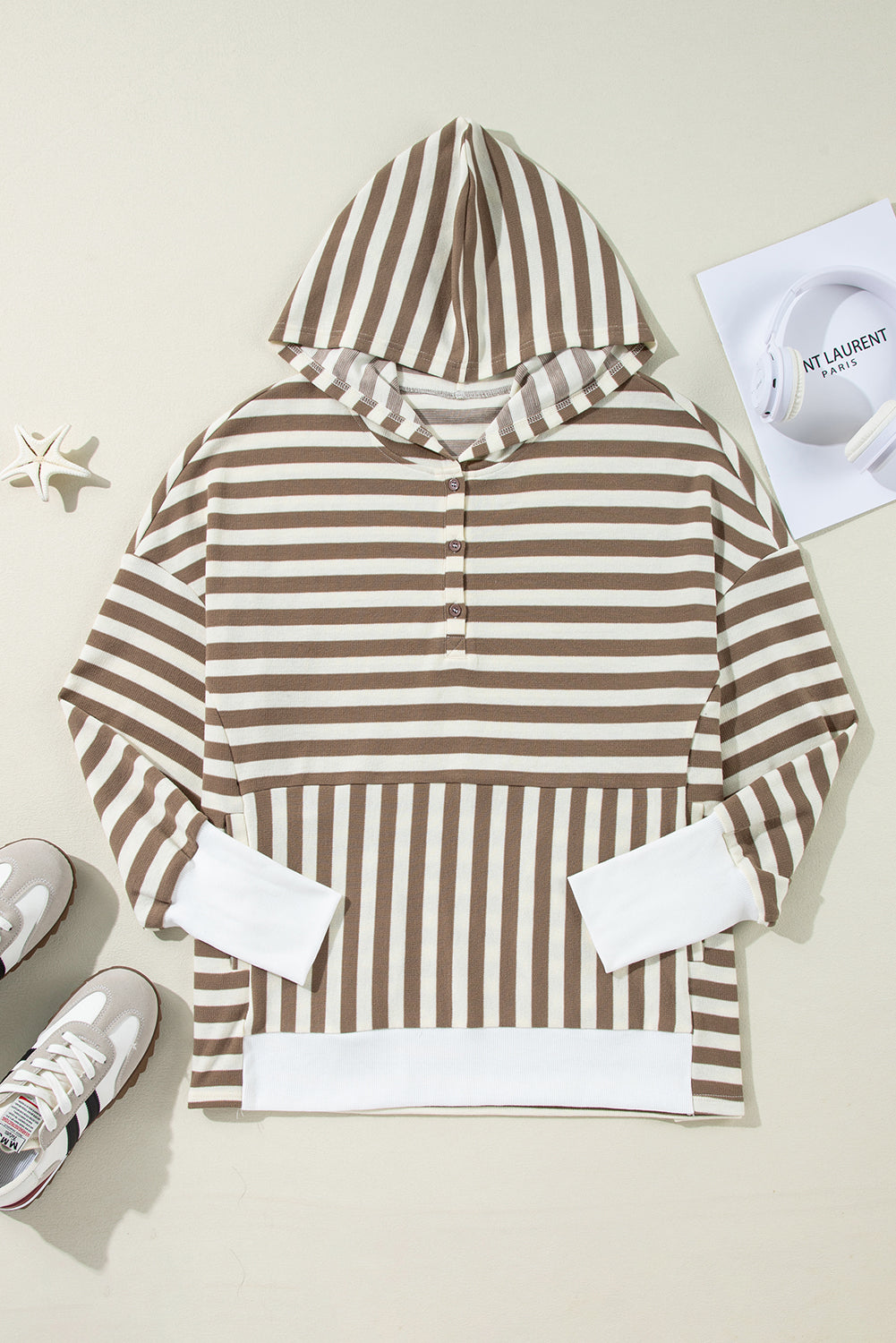 Striped Drop Sleeve Henley Hoodie