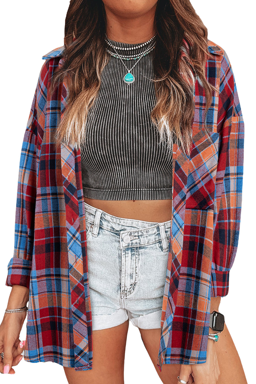 Plaid Print Drop Sleeve Loose Shirt