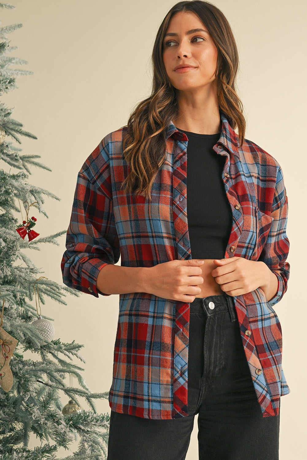 Plaid Print Drop Sleeve Loose Shirt