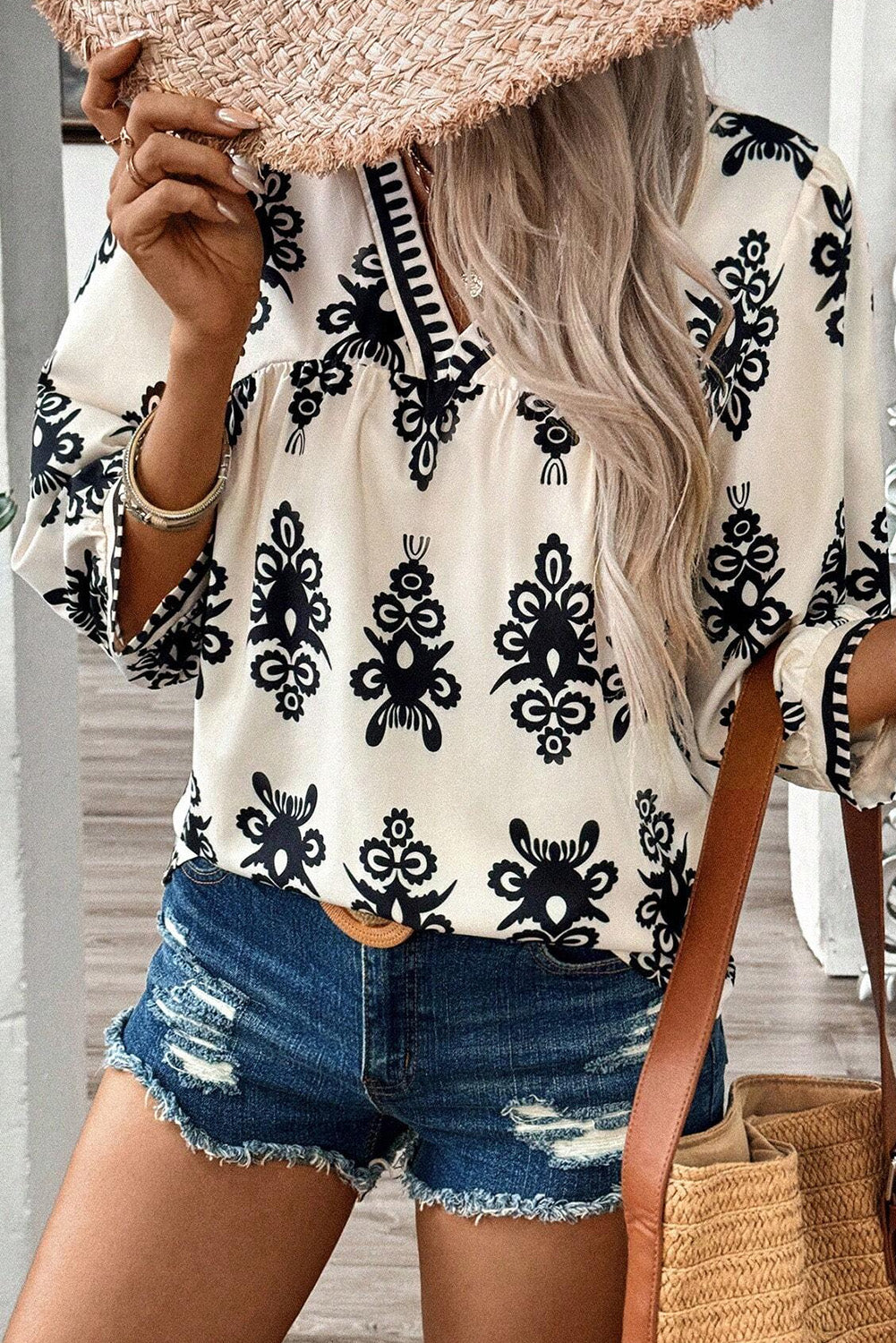 Puff Sleeve V Neck Blouse