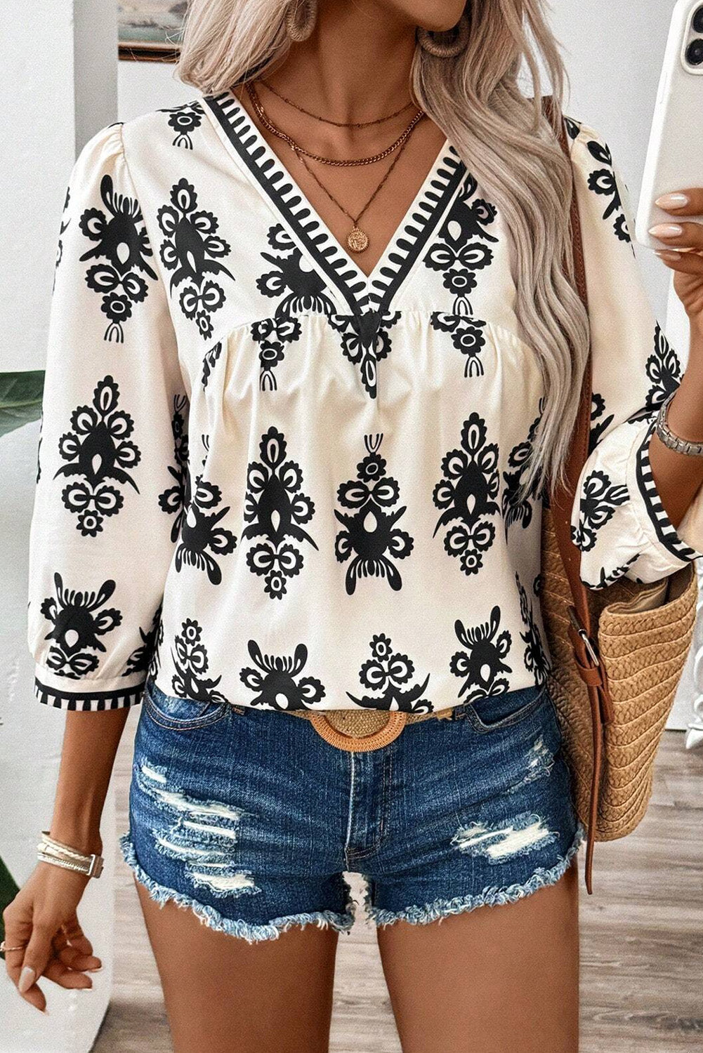 Puff Sleeve V Neck Blouse