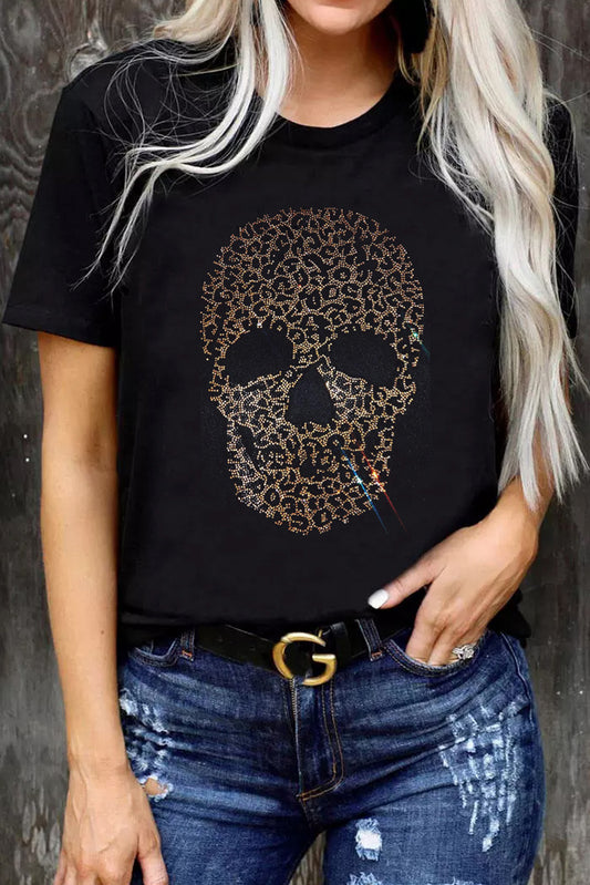 Rhinestone Leopard Skull Tee