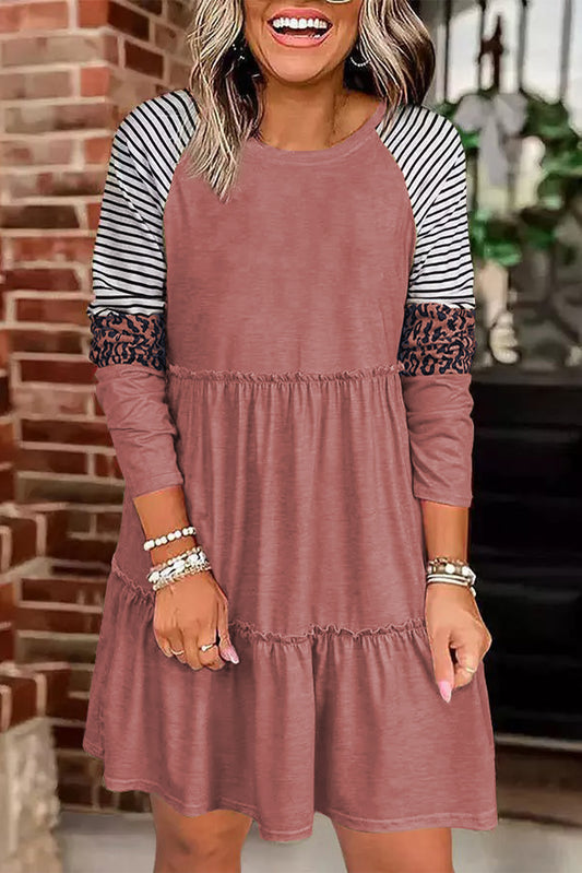 Striped Leopard Sleeve Tiered Dress